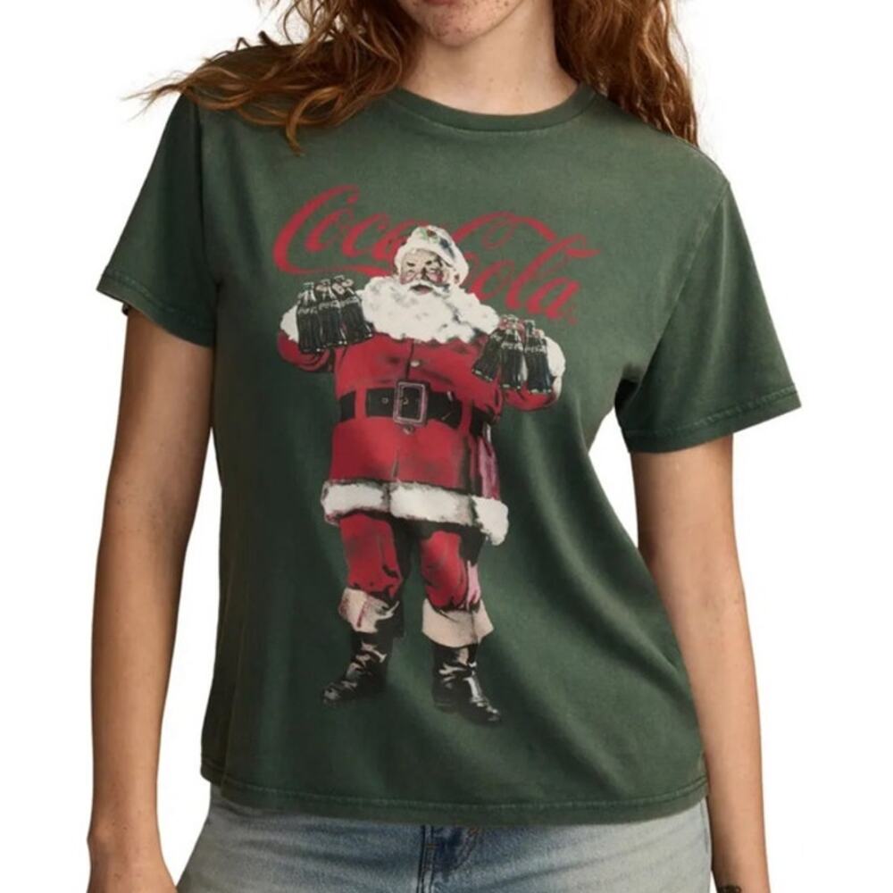 Lucky Brand Coca Cola Green Santa Claus Boyfriend Graphic Tshirt US Womens S